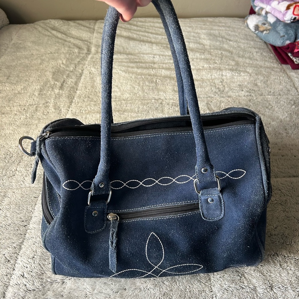 Suede Navy Blue Handbag with Boot stitch detailing - Picture 2 of 12
